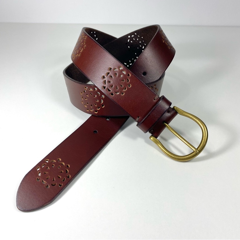 Lucky Brand Los Angeles Blossom Laser Cut Out Cognac Brown Casual Leather Belt L - Picture 2 of 14